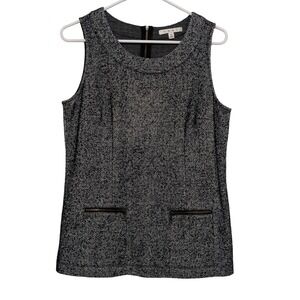 Cabi Womens Black White Herringbone Sleeveless Shell Top Back Zip Pockets Med